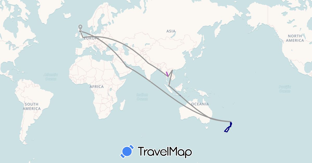 TravelMap itinerary: driving, plane, train in Australia, United Kingdom, Indonesia, India, Malaysia, New Zealand, Qatar, Thailand, Vietnam (Asia, Europe, Oceania)